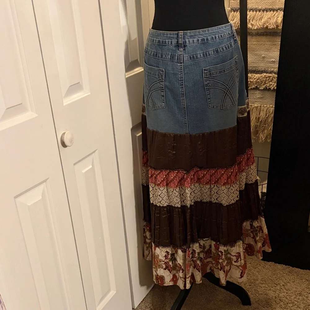 Venezia Vintage Denim Jean Patchwork Beaded Bohemian Skirt - Picture 2 of 8
